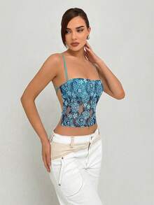 Aloruh Romantic Date Lace Backless Halter Neck Camisole For Women - Cadet Blue - View 5
