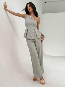 Aloruh 编织肩部褶皱荷叶边衬衫+阔腿裤两件套通勤套装 - 杏色 - 查看 5