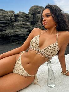 Swim Vcay 夏季海滩海洋元素钩编镂空比基尼罩衫套装（女士款） - 杏色 - 查看 3