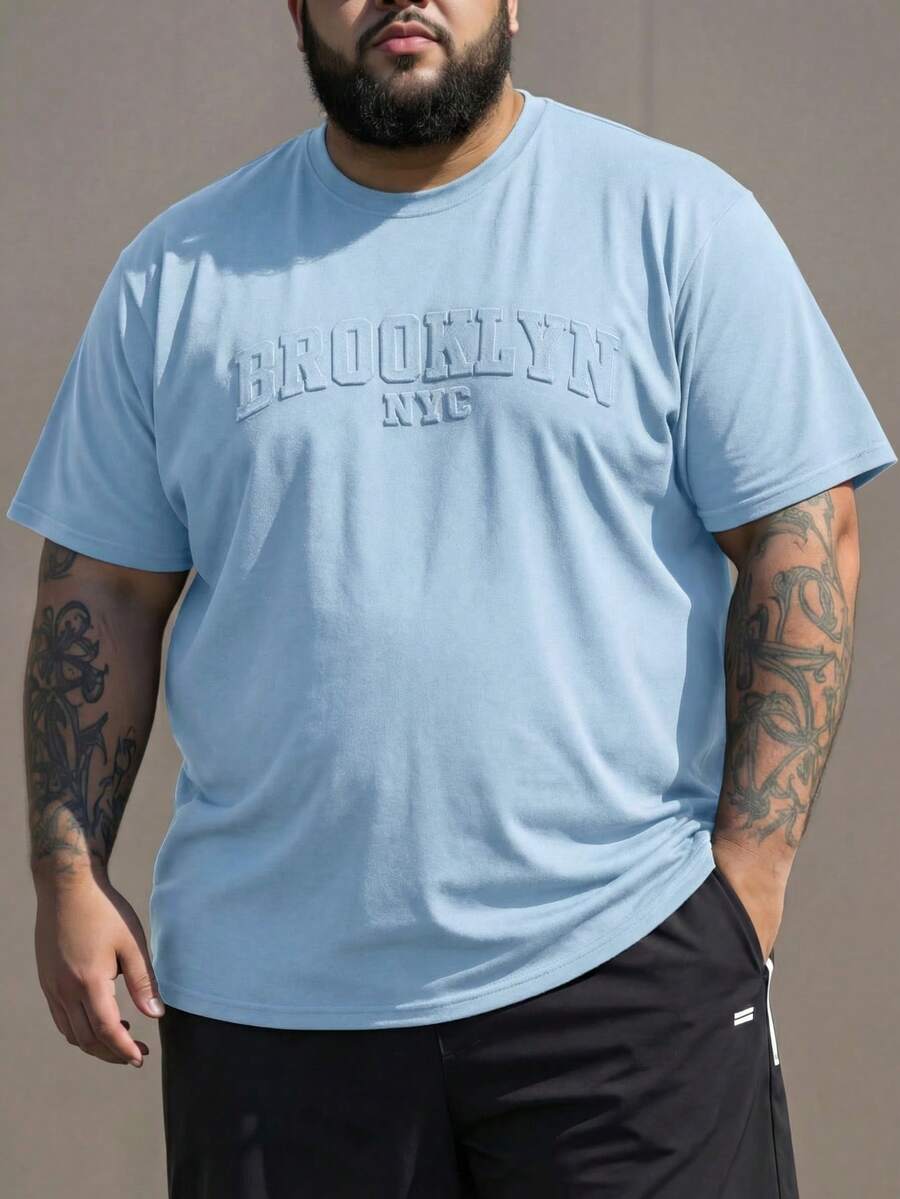 DRIVNCORE Plus Size Men's Casual Letter Embossed Short Sleeve T-Shirt, Summer - Baby Blue - View 1