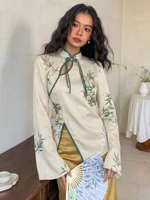 EastFlair Women's Botanical Pattern Asymmetric Hem Chinese Style Shirt - Apricot - View 3