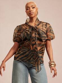 Vixey Animal Print Sheer Organza Puff Short Sleeve Bow Top - Multicolor - View 1