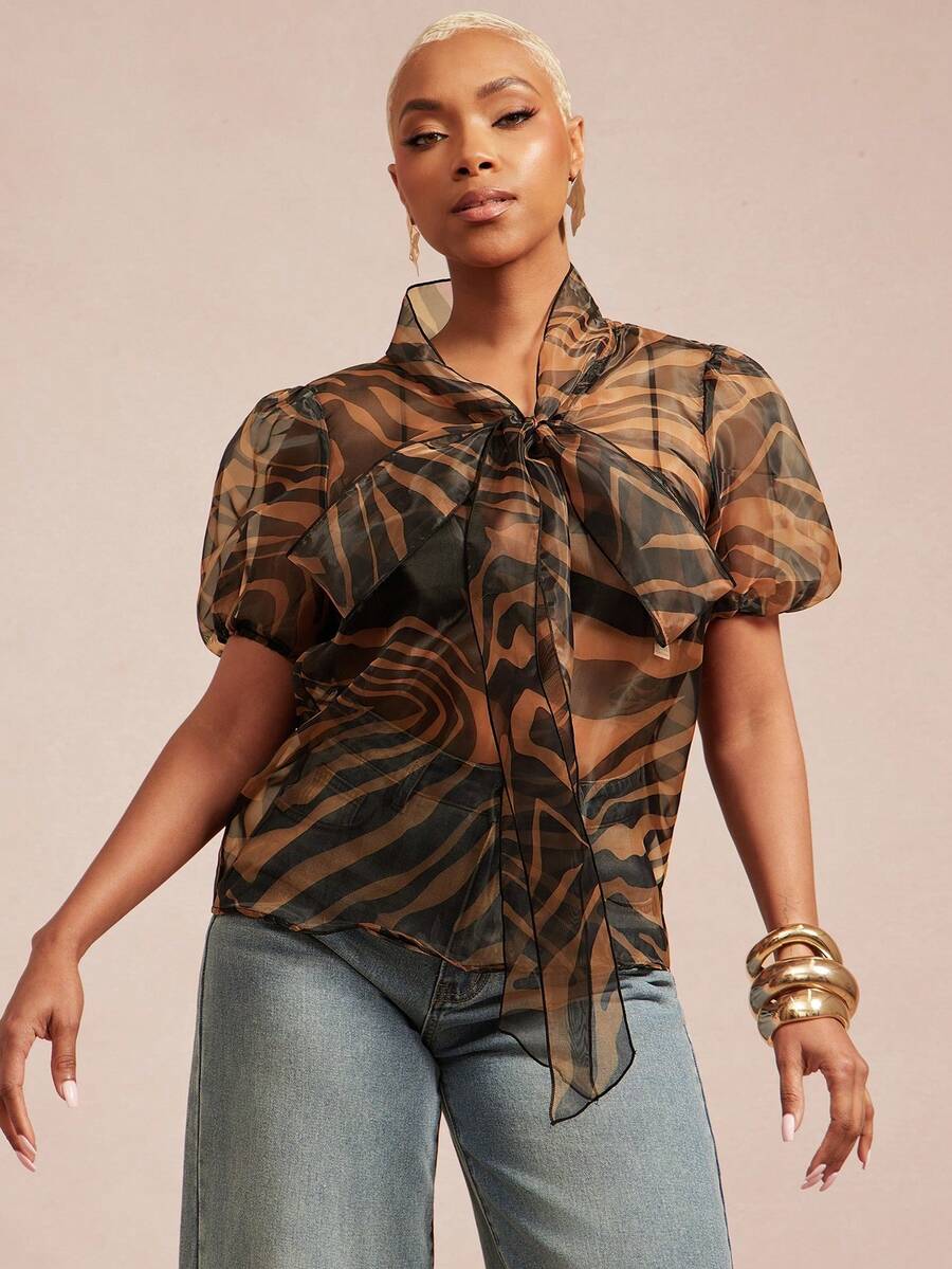 Vixey Animal Print Sheer Organza Puff Short Sleeve Bow Top - Multicolor - View 1