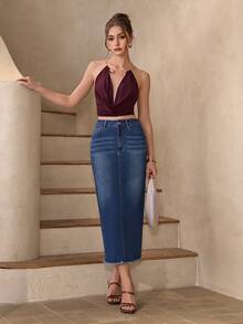 Selenza 女士优雅休闲开衩复古牛仔蓝A字裙，四季皆宜 - 中等水洗藍 - 查看 6