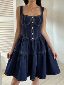 DAZY Cotton Decorative Cinched Waist Vacation Wide Strap Women's Denim Dress, Spring & Summer Sun Dresses For Women - Blue - View 4