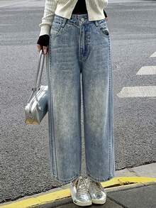 DAZY 西部牛仔风做旧水洗直筒九分牛仔裤，适合秋冬季女士休闲穿着 - 淺色水洗藍 - 查看 5