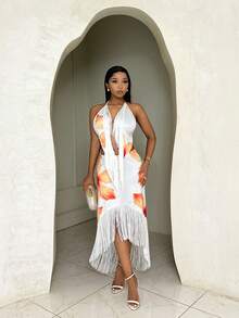 BamGleam 女士露背系带花卉印花流苏设计休闲度假约会外出中长连衣裙 - 彩色 - 查看 5