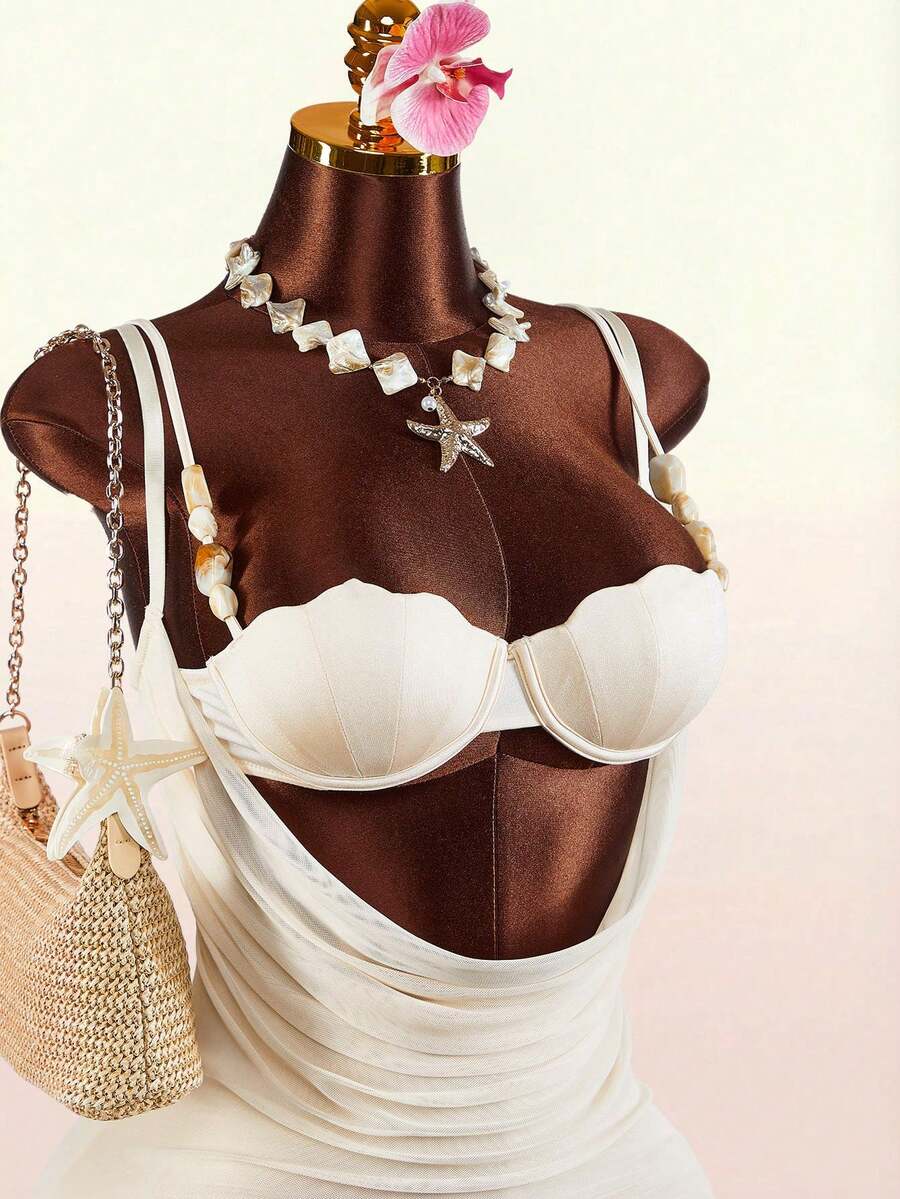 Amplova Women's Seashell Bra Two Pieces Sexy Avant-Garde Plunging Neckline Dress With Seashell Beaded Bra And Ruffled Hem - Apricot - View 1