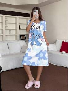 1 chiếc áo ngủ tay ngắn in chữ cho bé gái tuổi teen - Màu xanh lam - Xem 3