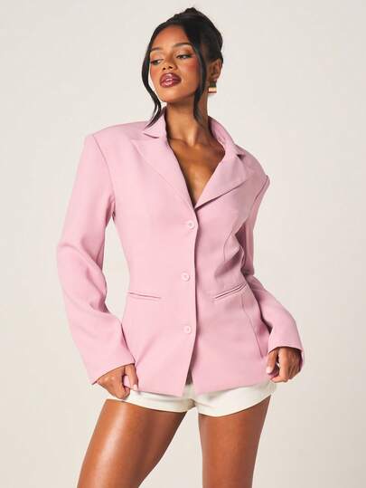 MISSGUIDED 女士粉色露背西装外套，翻领设计，纽扣闭合，适合办公室职业人士春夏穿着