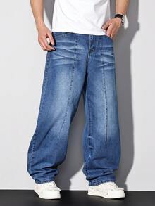 Manfinity Homme Spring & Summer Casual Street Water-Washed Blue Straight Loose Distressed Jeans With 3D Cat Whiskers - Blue - View 3