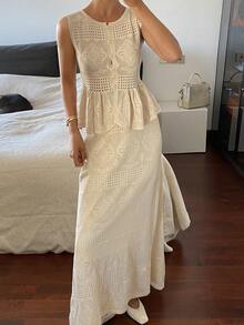 DAZY Women's Round Neck Sleeveless Frill Trim Cardigan And Loose Straight Long Skirt Elegant Vacation Style Knit 2-Piece Set - Apricot - View 1