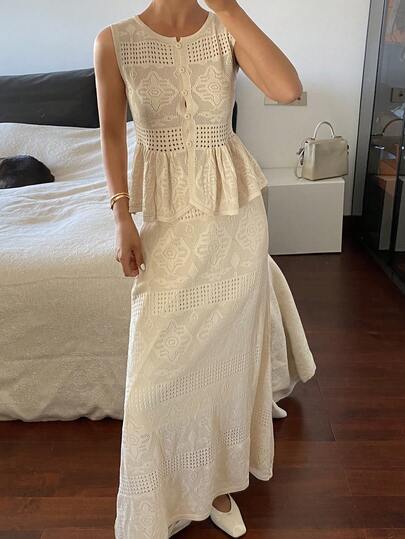 DAZY 女士圆领无袖荷叶边开衫和宽松直筒长裙优雅度假风针织两件套