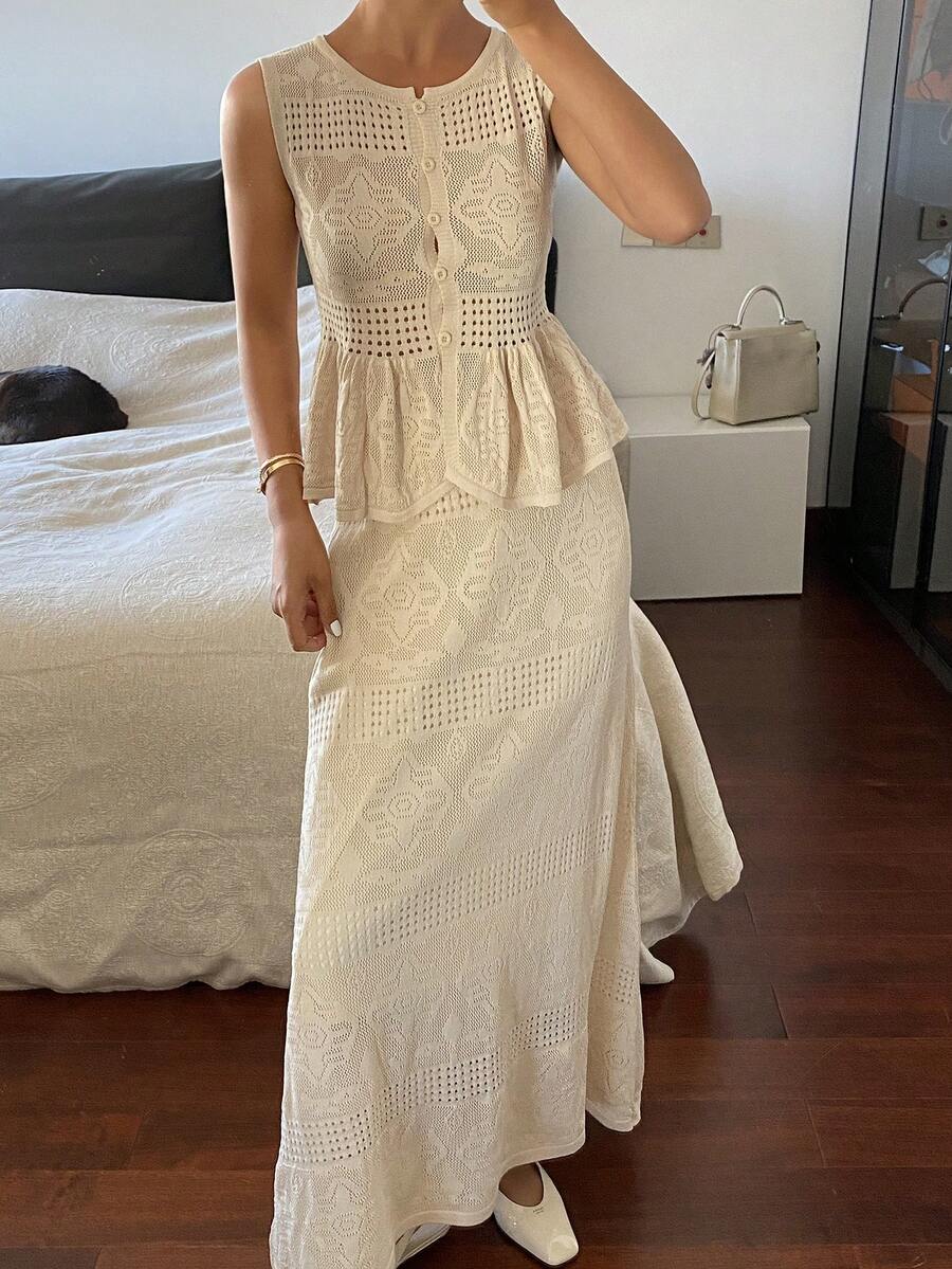 DAZY Women's Round Neck Sleeveless Frill Trim Cardigan And Loose Straight Long Skirt Elegant Vacation Style Knit 2-Piece Set - Apricot - View 1