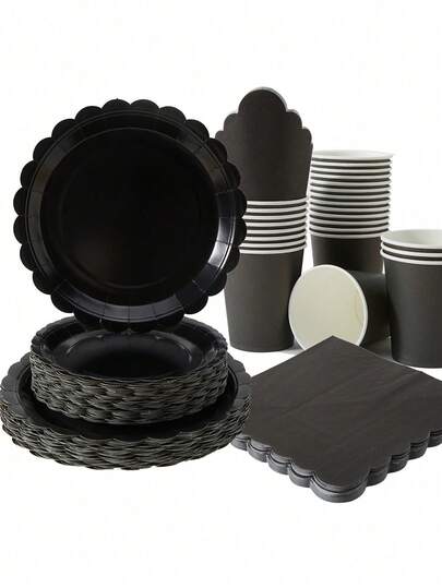 Black Petal Disposable Plate, Napkin, And Paper Cup Set, Black Petal Plates, Napkins, And Paper Cups As Party Supplies, Suitable For 25 Guests, Disposable Paper Plate Party Tableware Suitable For Birthdays, Weddings, Parties, And Family Picnics