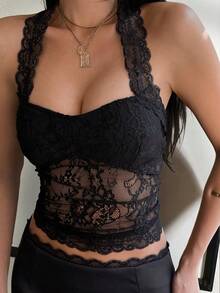 DAZY Women's Lace Sexy Versatile Halter Neck Top, Suitable For Dates And Outings Crop Tops Women - Black - View 3