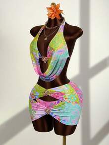 Swim Vcay Costume da bagno a 3 pezzi da donna con scollo a V, decorazione floreale in metallo e schiena scoperta, sexy, adatto per vacanze al mare, feste in spiaggia, abiti da spiaggia, abiti da barca, abiti da resort, abiti da vacanza estiva, abiti da spiaggia - Multicolore - Visualizzare 6