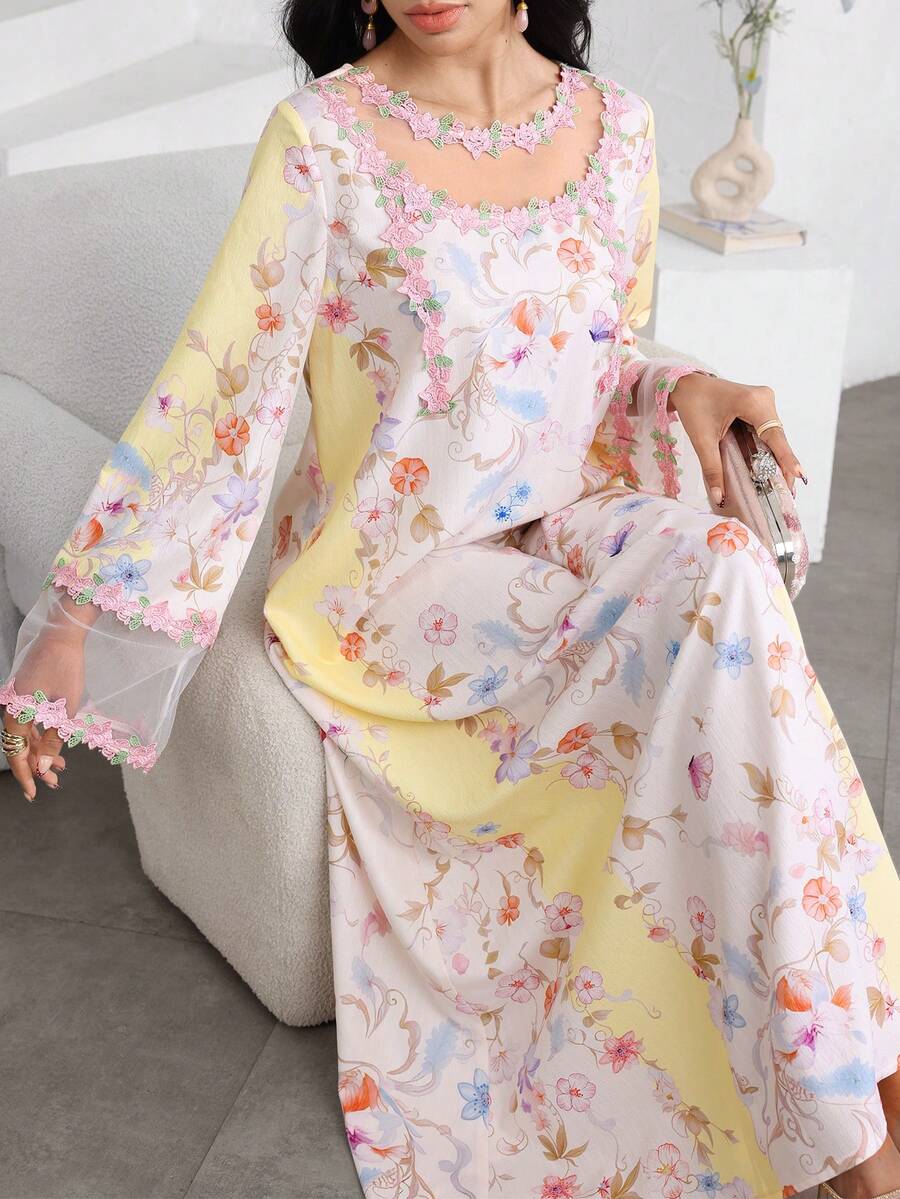 Yasmyna Double-Layer Floral Print Lace & Mesh Splice Abaya - Apricot - View 1