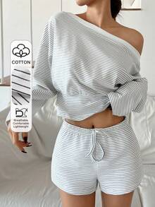 DAZY Casual Striped Asymmetrical Shoulder Women Pajama Set - White - View 4