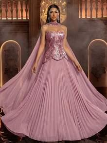 优雅、奢华、高贵、粉色亮片拼接雪纺礼服，无肩带低腰设计，超大裙摆，可拆卸披肩，超长喇叭袖，手工缝制亮片，可调节系带，适合所有正式场合，华丽装饰晚礼服 - 藕粉色 - 查看 5