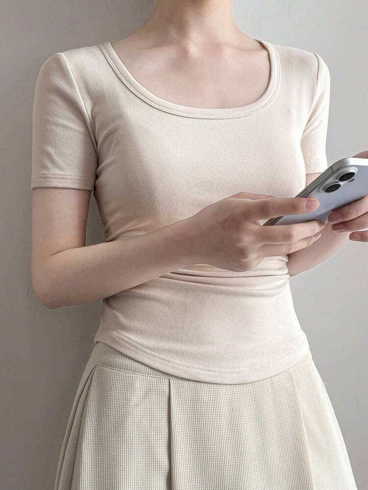 Women's Solid Color Round Neck Short Sleeve Fitted Casual Versatile T-Shirt Summer