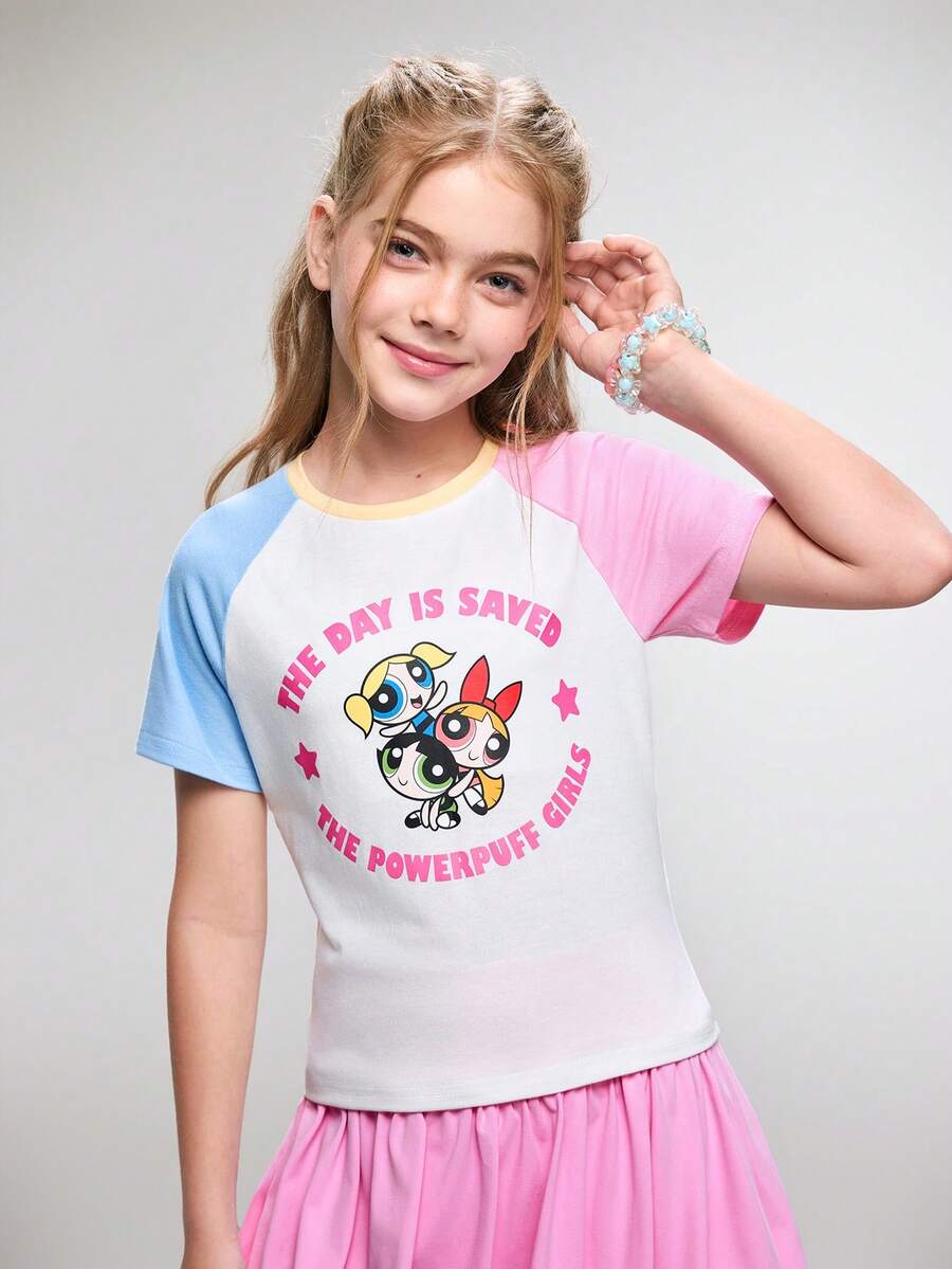 THE POWERPUFF GIRLS X SHEIN Tween Girl Slogan Cartoon Print Raglan Short Sleeve T-Shirt, - Multicolor - View 1