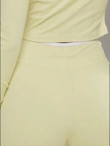Musera Sport Contrast Trim Dipped Waistband Fitted Flared Yoga Pants Bottom Only Padel Autumn Fall Activewear Sport Gym Workout Fitness Daily Casual - Butter Yellow - View 2