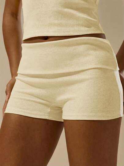 MUSERA ESSENTIALS Rib Fold Over Waist Mini Shorts Basic Spring Summer Vacation Holiday  Pants