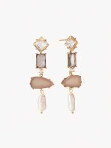 Opalesca 不对称宝石+多层珍珠耳环，长款设计，修饰脸型，奢华耳环，适合欧美时尚服饰 - 彩色 - 查看 3