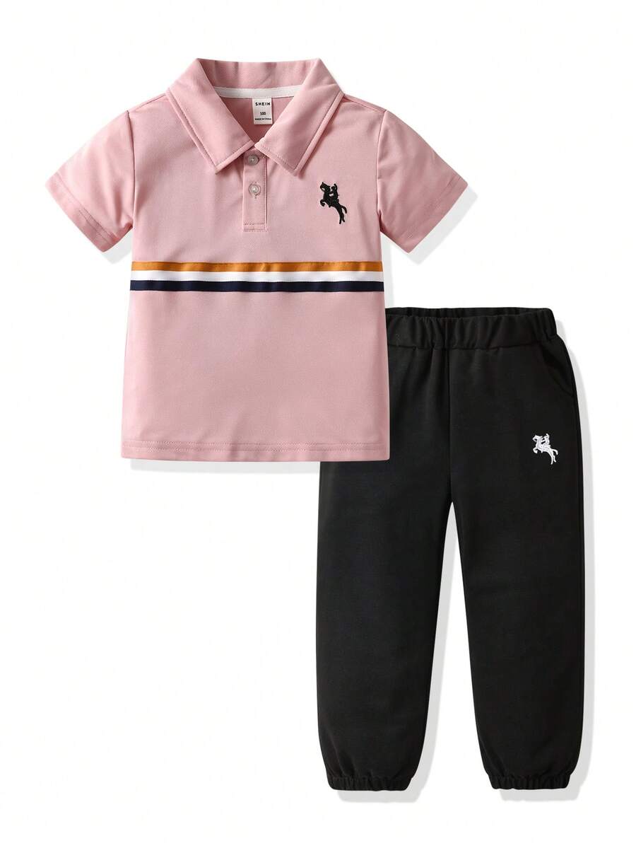 SHEIN Streecool Kids 男童骑士印花 Polo 领短袖 T 恤和裤子休闲套装 - 淺粉色 - 查看 1