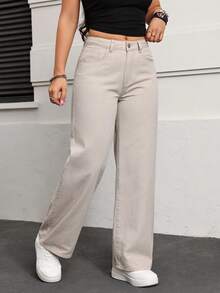 SHEIN PETITE 女士宽松口袋喇叭裤休闲牛仔裤 - 淺灰色 - 查看 5