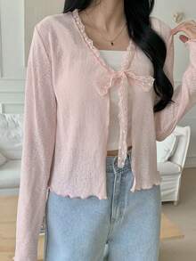 DAZY 女士蕾丝边蝴蝶结薄款T恤 - 粉色 - 查看 6