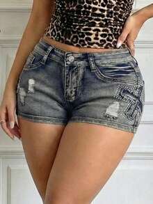 SHEIN ICON 女士夏季休闲水洗做旧水钻装饰低腰牛仔短裤 - 深色水洗藍 - 查看 3