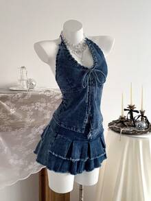 Elamini Women's Backless Halter Tie Denim Jacket - Blue - View 3