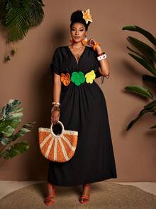 Maweii Simple Solid Color V-Neck Cute Short Sleeve Princess Style Dress - Black - View 2
