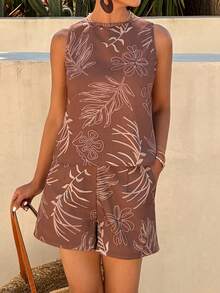 DAZY Women's Botanical Print All-Over Print Crew Neck Sleeveless Tank Top And Straight Leg Shorts Casual Vacation Summer 2-Piece Set - Brown - View 4