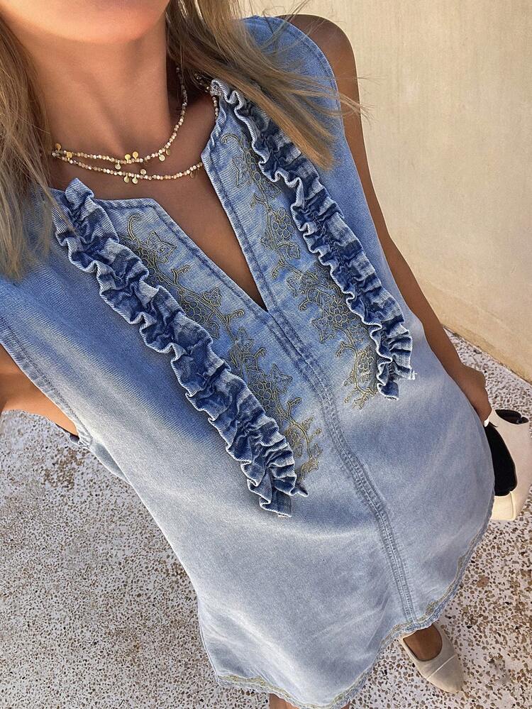 Embroidered Floral Trim Sleeveless Round Neck Short Casual Denim Dress For Women, Summer Holiday