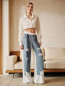 Anewsta 女士休闲嘻哈街头风做旧拼接白色运动裤 - 藍白色 - 查看 5