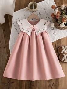 1pc Girls Cute Doll Dress, Pink Embroidered Ruffle Collar, Ribbon Bow, Loose Fit Sleeveless Backless Dress, Fashionable & Sweet, Suitable For Summer - Pink - View 1
