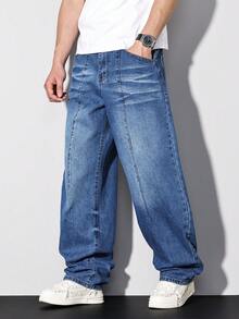 Manfinity Homme Spring & Summer Casual Street Water-Washed Blue Straight Loose Distressed Jeans With 3D Cat Whiskers - Blue - View 7