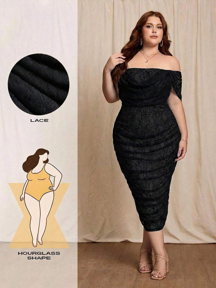 SHEIN MOD 大码女士蕾丝垂领修身优雅连衣裙 - 黑色 - 查看 1