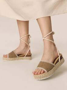 Styleloop Nuevas sandalias con correa y tira trasera, cuña gruesa para mujer, verano, punta abierta, cuerda de cáñamo, paja, impermeable, estilo romano, para uso exterior, playa, vacaciones, color caqui - Caqui - Ver 2