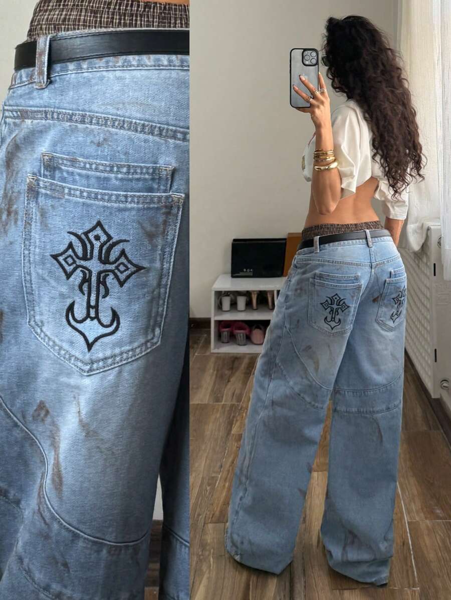 StreetHx 女士口袋纽扣交叉图案休闲百搭日常穿着阔腿牛仔裤 - 藍色 - 查看 1