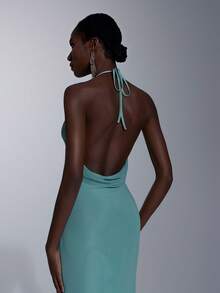 Elitara Elegant Teal Summer Bridesmaid Cocktail Evening Dress Mint Green High-Stretch Mesh Spaghetti Strap Halter Backless Fishtail Maxi With Metal Decor - Mint Green - View 5