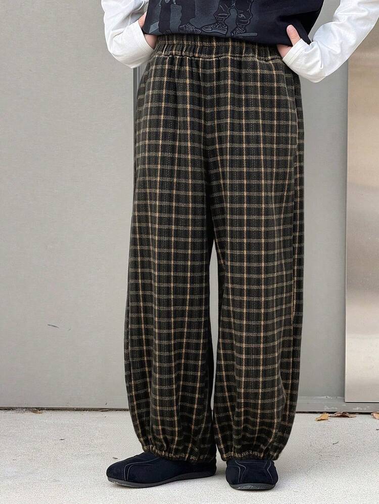 Tween Boy Plaid Pocket Casual Versatile Daily Wear Wide Leg Pants