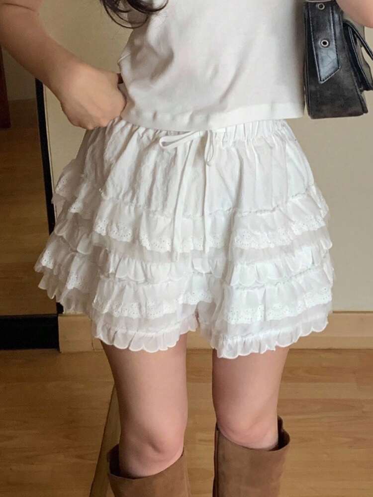 Teen Girl Solid Color Drawstring Waist Pleated Fashionable Versatile Date Night & Outing Skater Skirt Summer