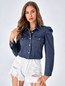 EMERY ROSE Plus Size Women's Single-Breasted Raglan Sleeve Casual Pocket Denim Shirt - Blue - View 4