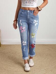 EMERY ROSE Plus Size Women Floral Embroidery Distressed Skinny Casual Jeans - Light Wash - View 8