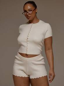 MUSERA Plus Size Knit Scalloped Edge Fitted Mini Shorts Spring Summer Cute Vacation Holiday Everyday - White - View 5