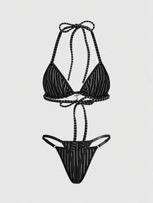 ROMWE Gothic Striped Triangle Bra And Thong Lingerie Set With Tie-Up Details, Sexy - Black - View 2